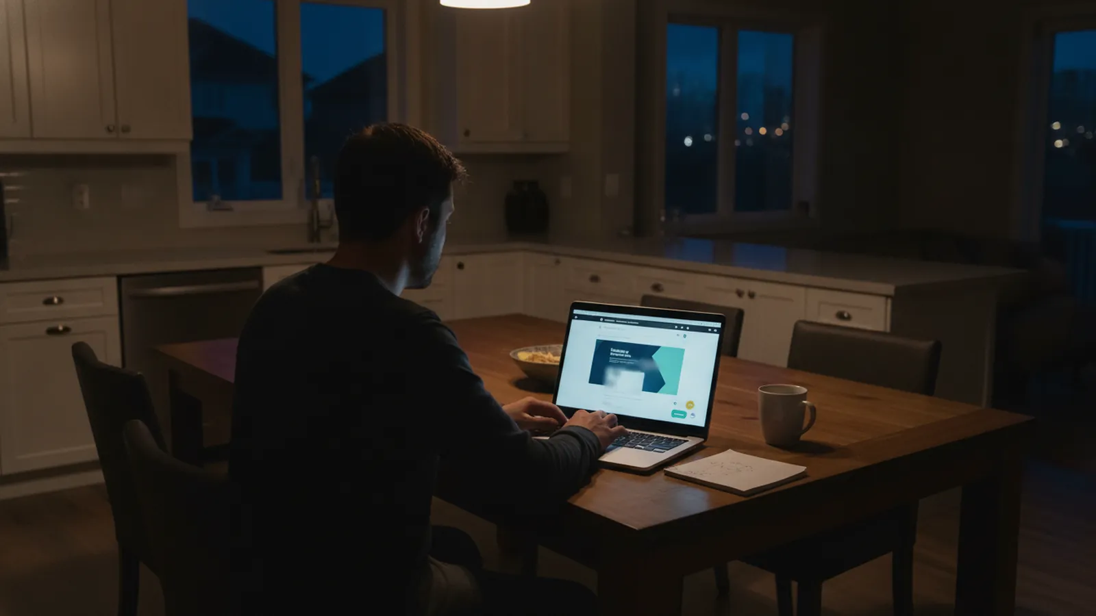 A homeowner at a kitchen table at night chatting with a contractor's website on a laptop