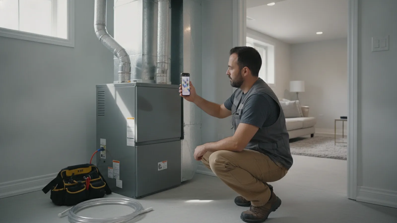 A contractor photographing a newly installed furnace with his phone for his Google Business Profile