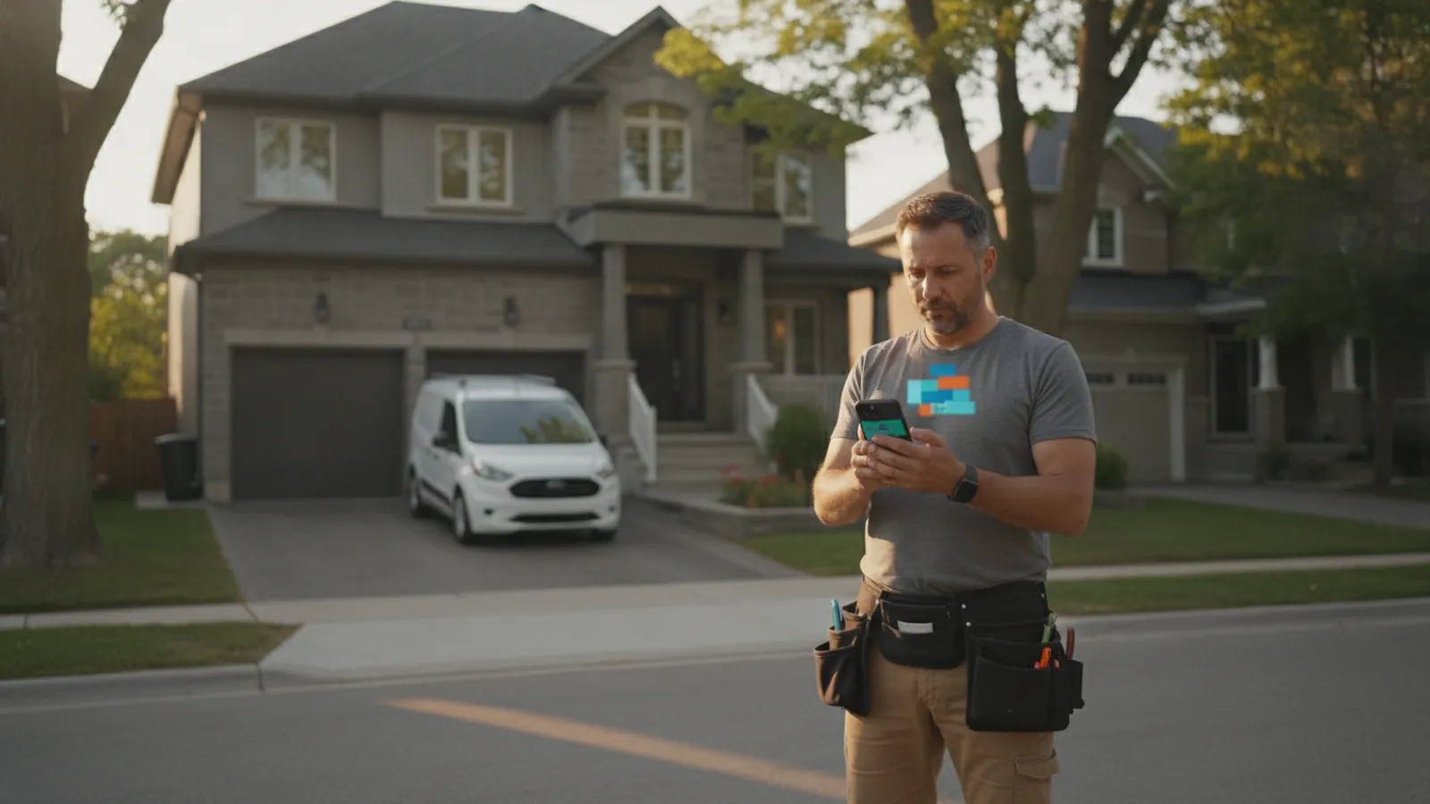 A tradesperson checking his Google Business Profile insights on a phone outside a client's home