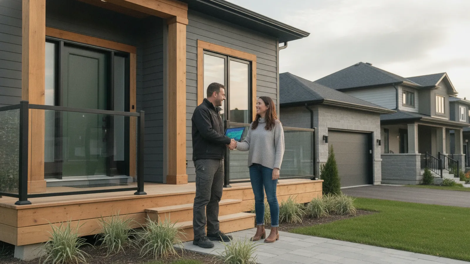A contractor shaking hands with a homeowner in front of a newly renovated home
