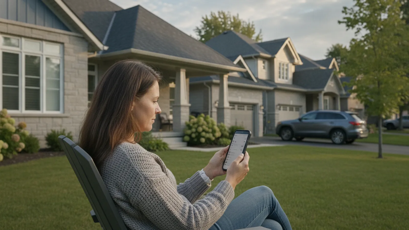 A homeowner reading reviews on a phone in front of a house with a fresh new roof