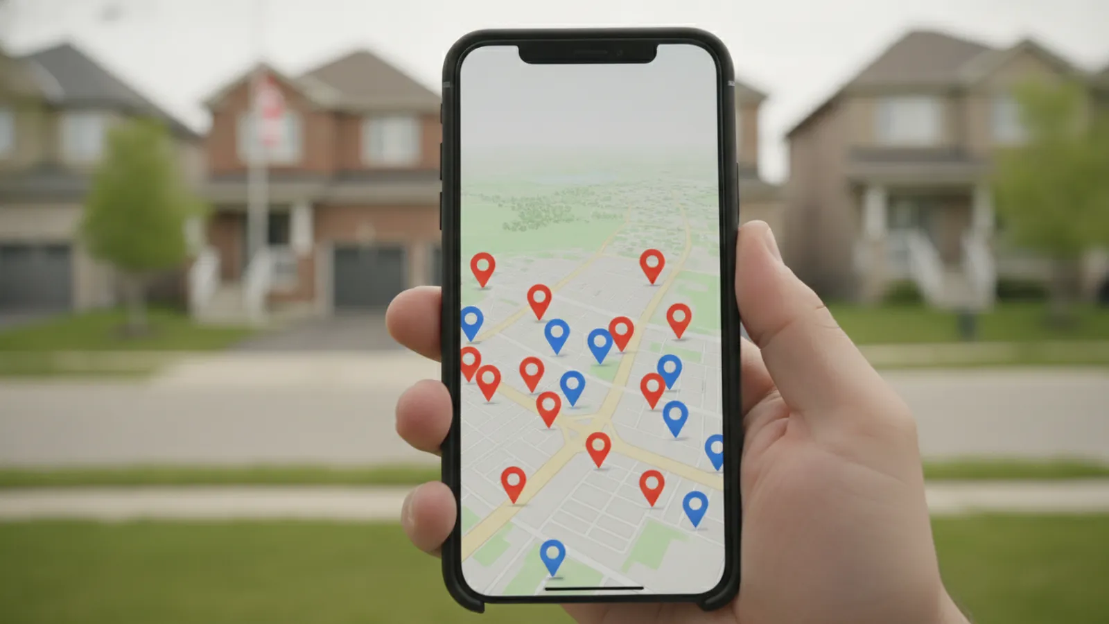 A smartphone showing a Google Maps search with business pins spread across a suburban neighbourhood