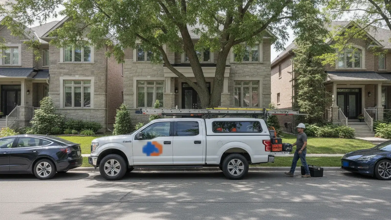 A contractor's work truck parked on a residential street in a GTA neighbourhood