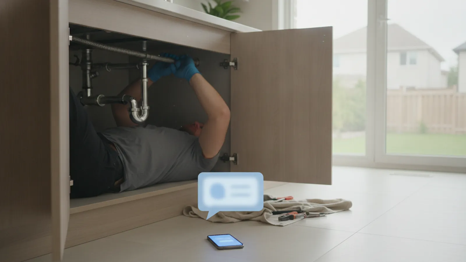 A plumber working under a sink while his phone shows a missed call and an automatic text reply