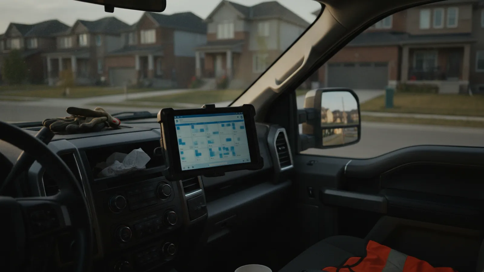 A tablet on a work truck dashboard showing a busy inbox of customer text conversations