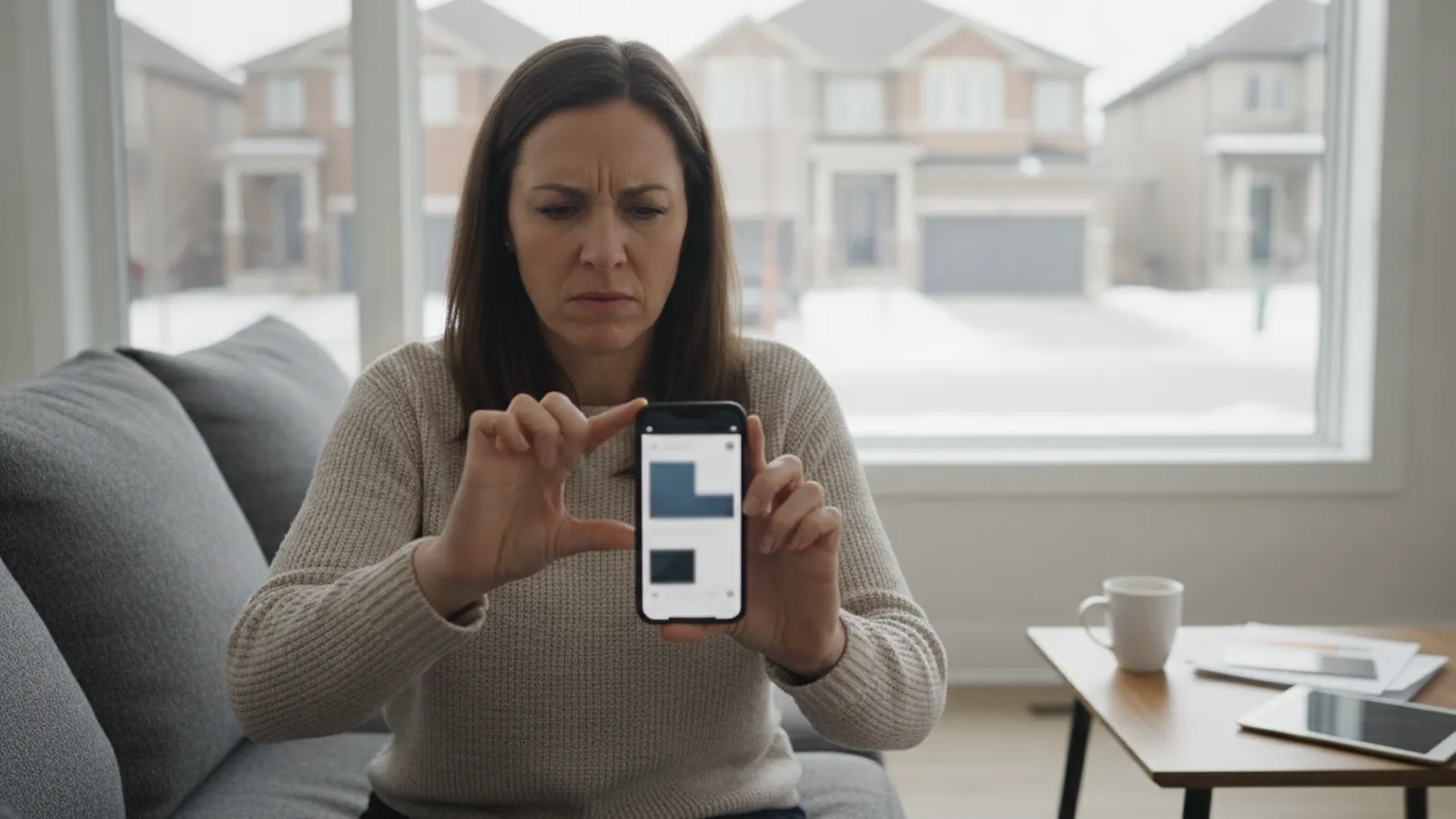 A frustrated homeowner pinching and zooming on a contractor website that doesn't fit her phone screen