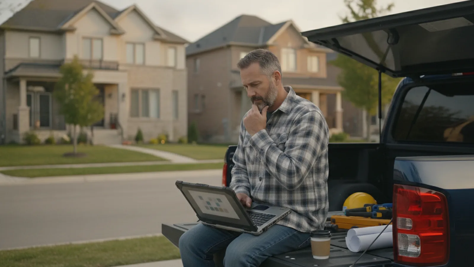A contractor reviewing a new website design on a laptop on the tailgate of his truck