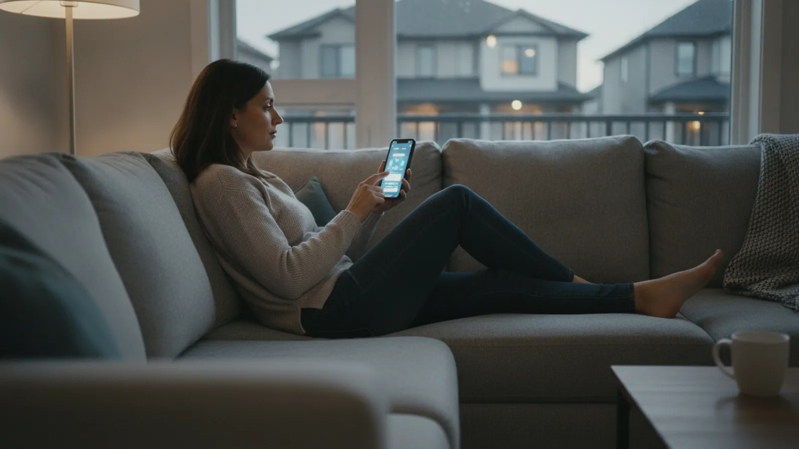 A homeowner on a sofa in the evening tapping a contractor's quote request form on her phone