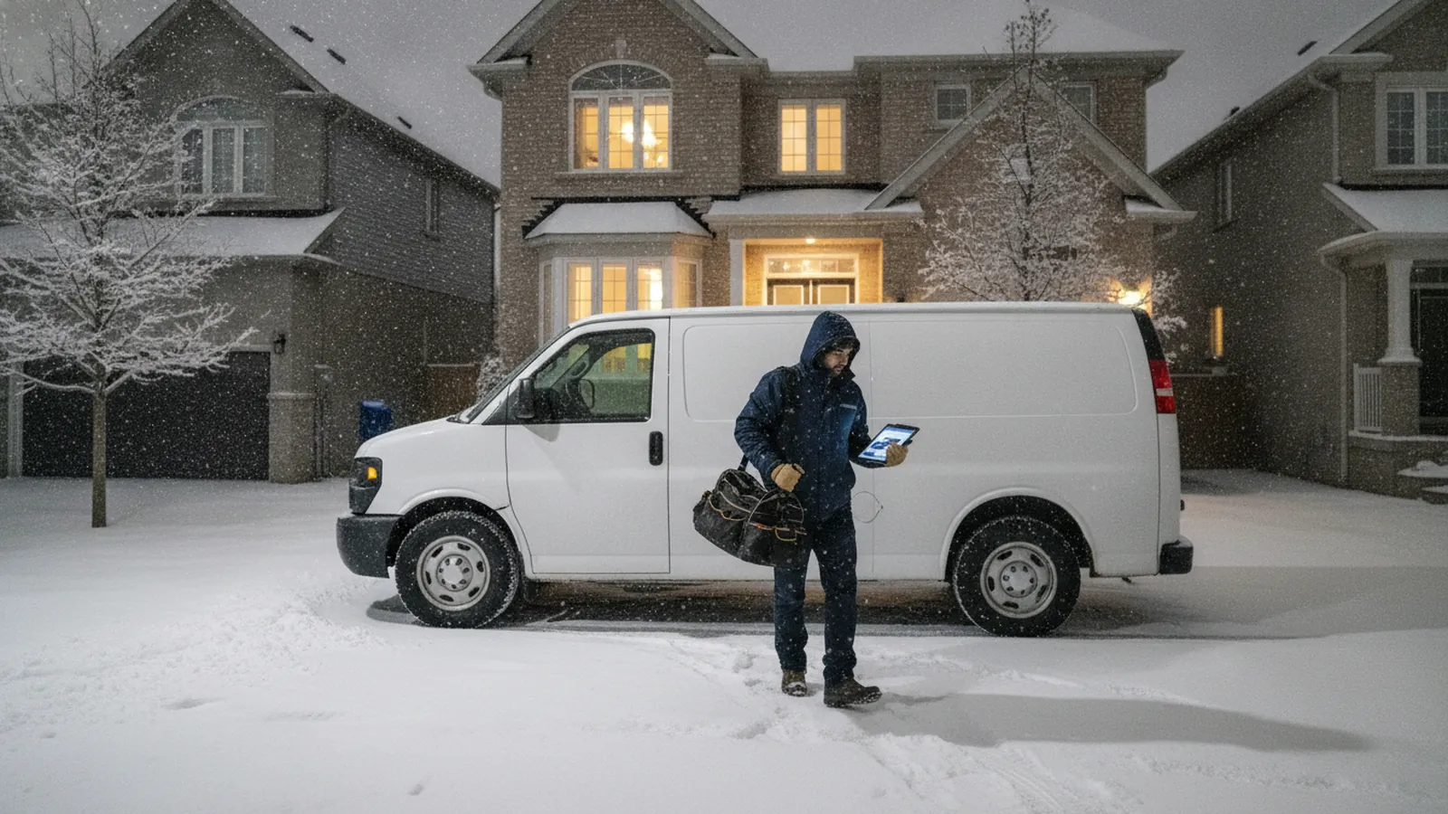 An HVAC technician in a winter jacket arriving at a snowy suburban home at night