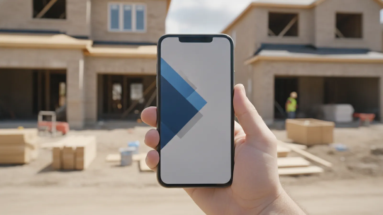A contractor website's homepage displayed on a smartphone held at a job site