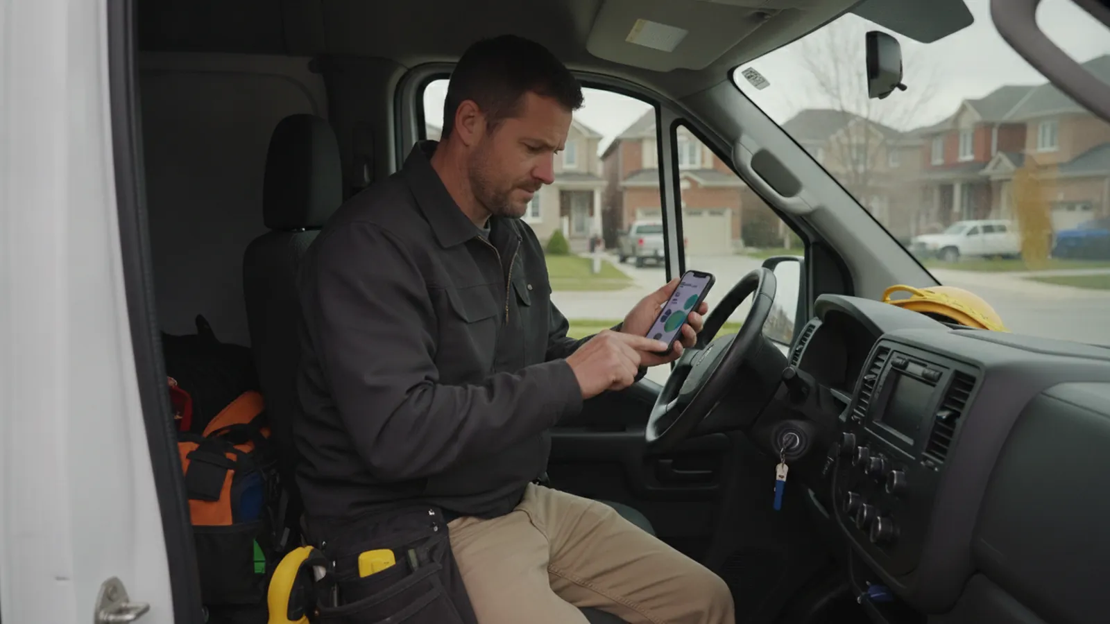 A tradesperson reviewing a fast-loading website on a phone inside a work van
