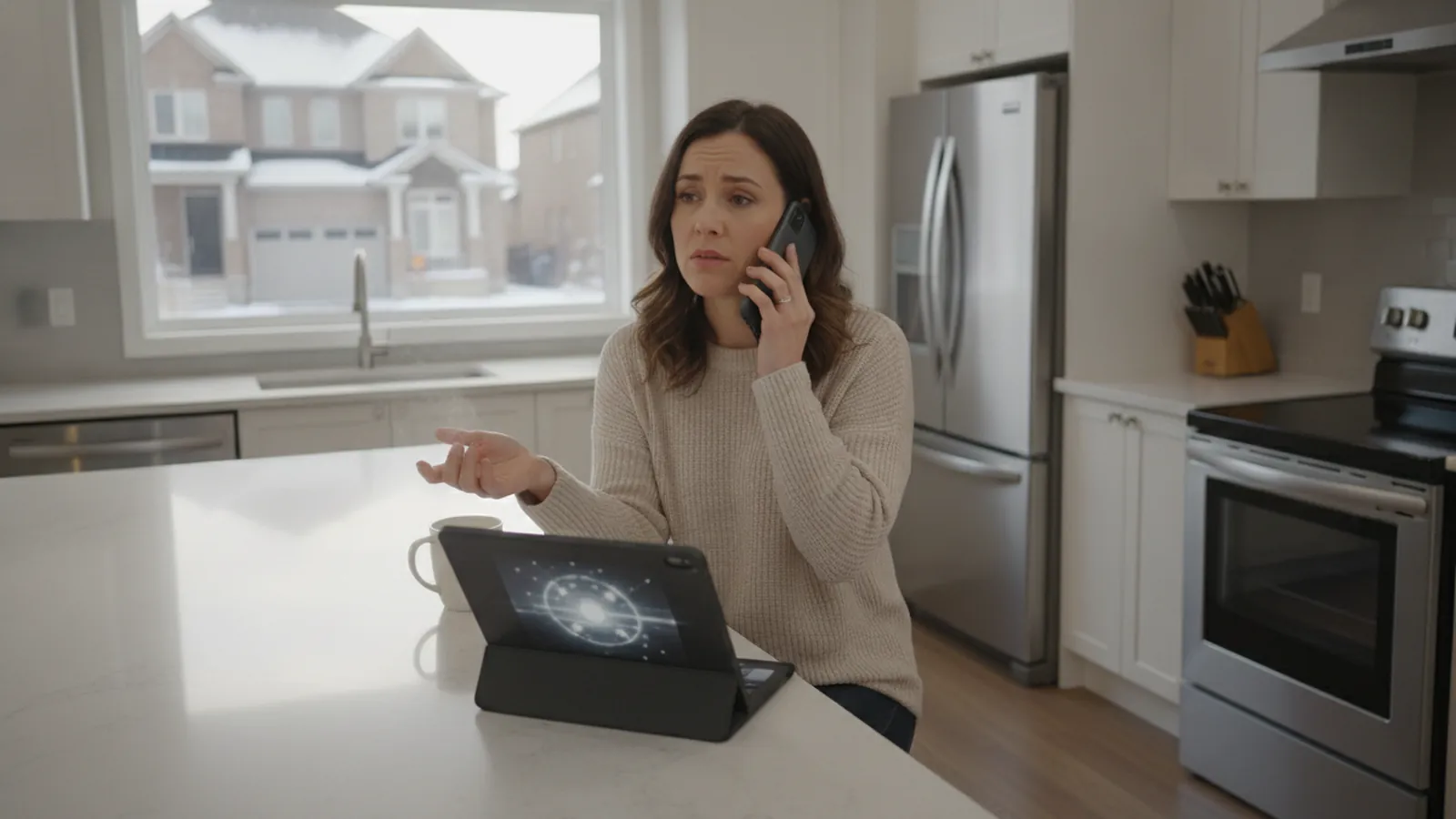 A homeowner in a kitchen asking an AI assistant on her phone to recommend a local roofer
