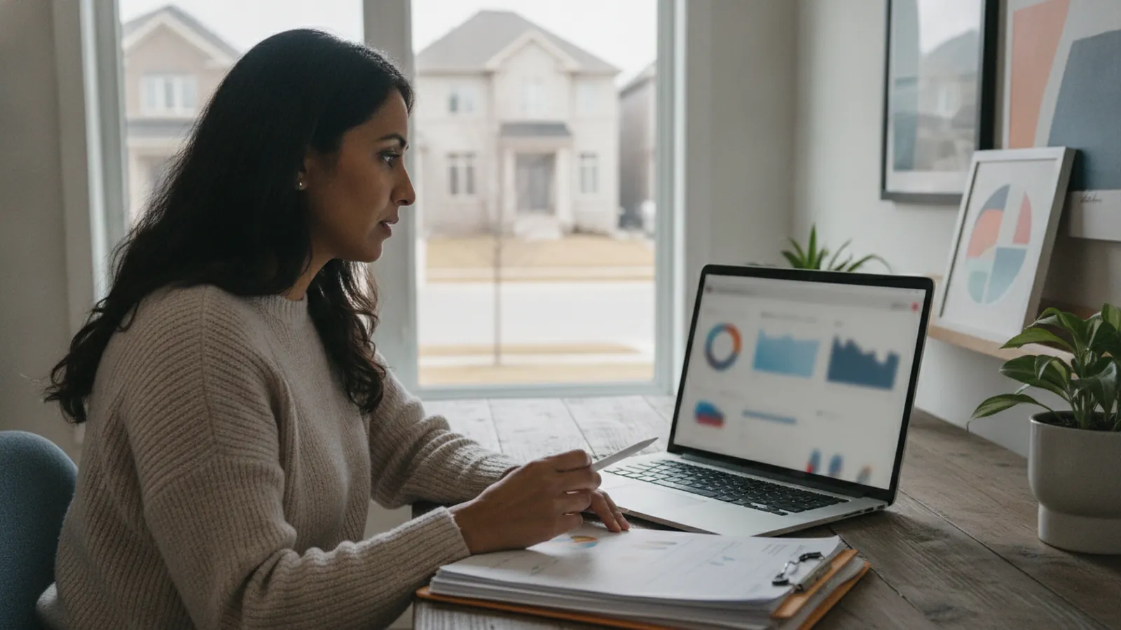 A business owner reviewing a report of AI search mentions on a laptop in a small office