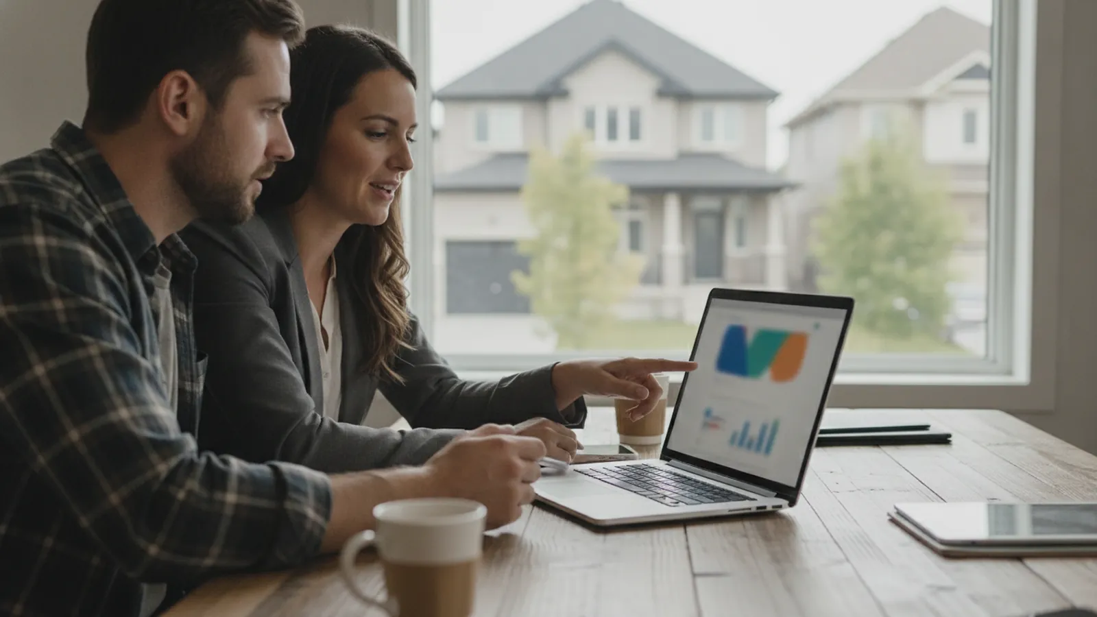 A contractor and a marketing consultant reviewing a website and lead dashboard together on a laptop