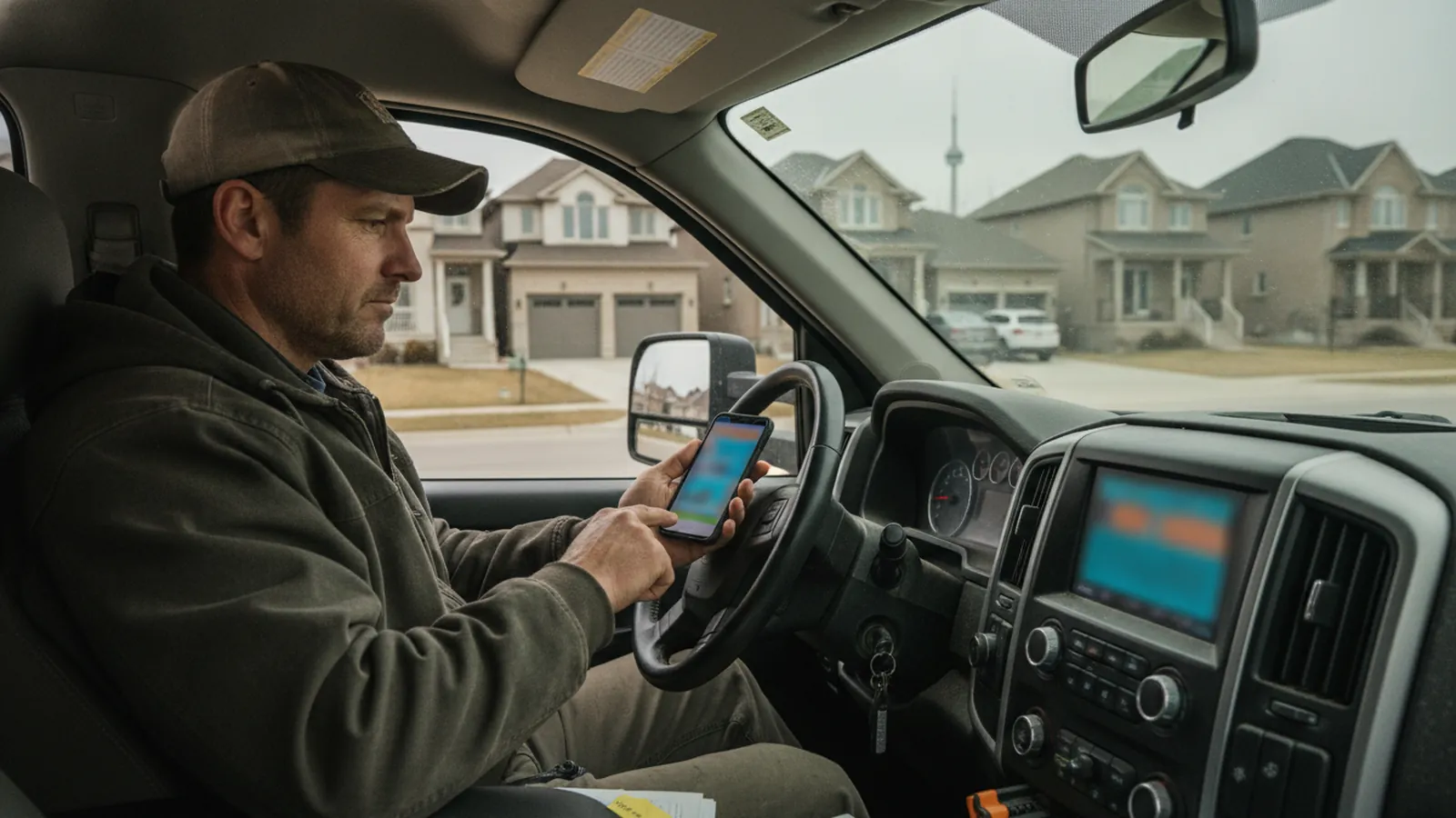 A contractor reviewing new leads on his phone in the cab of his truck
