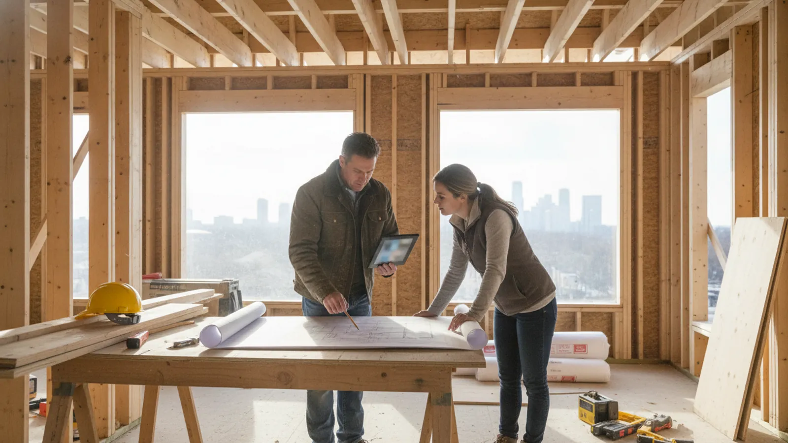 A general contractor reviewing plans at a renovation site